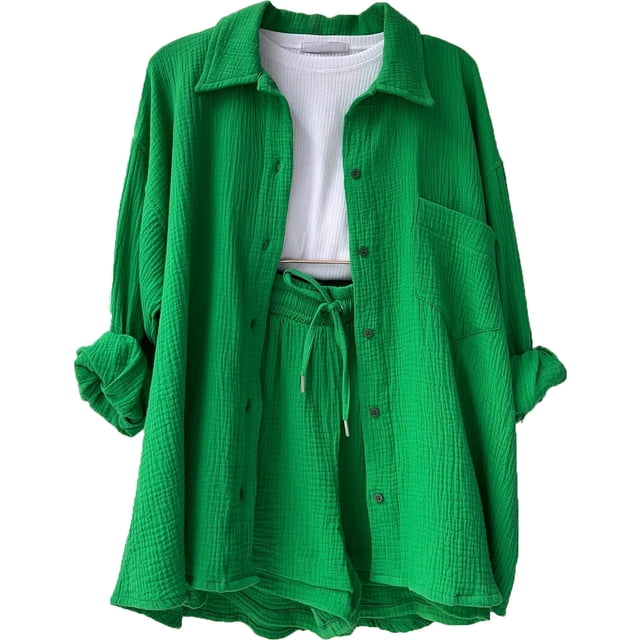 Women's Two-piece, Button-down Long-sleeved Shirt And Drawstring Shorts Suit, Pullover Suit, Holiday Suit-HAPDEN