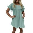 thumbnail image 2 of Women 獨 Summer Ruffle Sleeve Round Neck Loose Fit Casual Swing Short Soild Dress with Pockets, 2 of 6