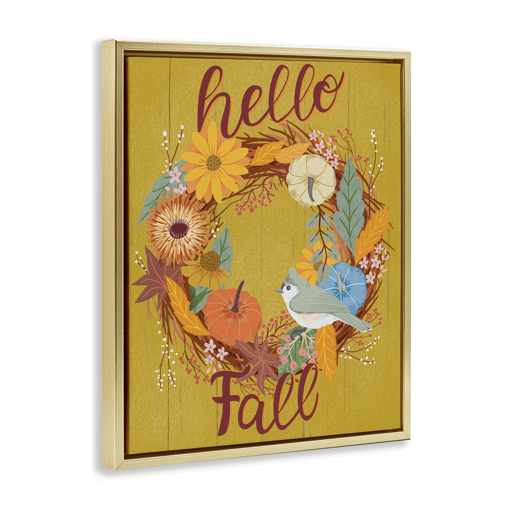 Stupell Industries Hello Fall Bird Wreath Animals Painting Gold Floater Framed Canvas Art Print Wall Art, 17 x 21