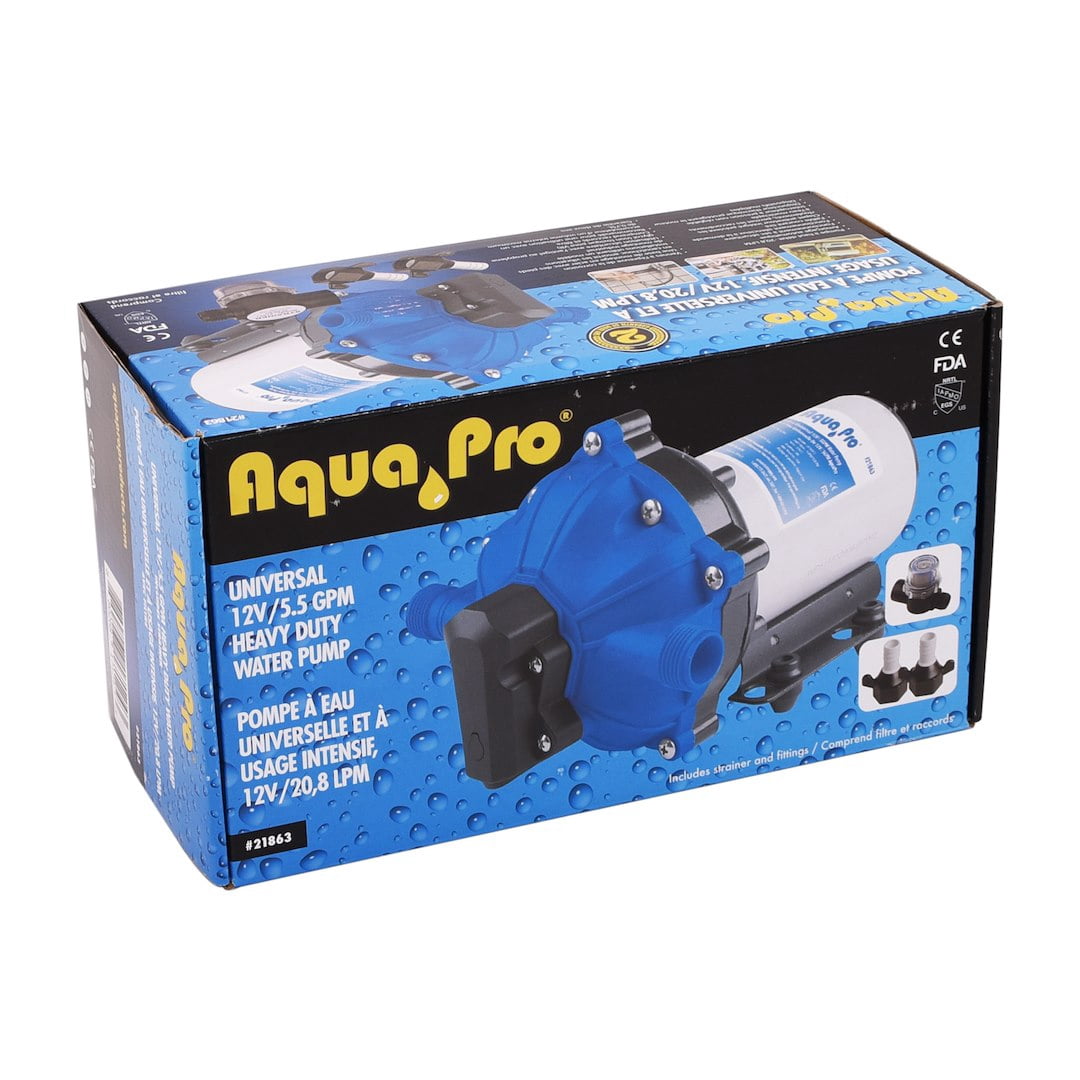 Aqua Pro 21863 Fresh Water Pump; AP50012; Self-Priming; 5.5 Gallon Per Minute; Shuts Off At 60 PSI; 8-1/2 Inch Length x 5-3/4 Inch Width x 5.16 Inch Height; 12 Volt DC; Run Dry Safe
