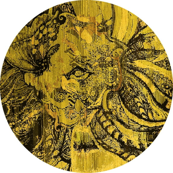 Ahgly Company Indoor Round Oriental Yellow Industrial Area Rugs, 7' Round