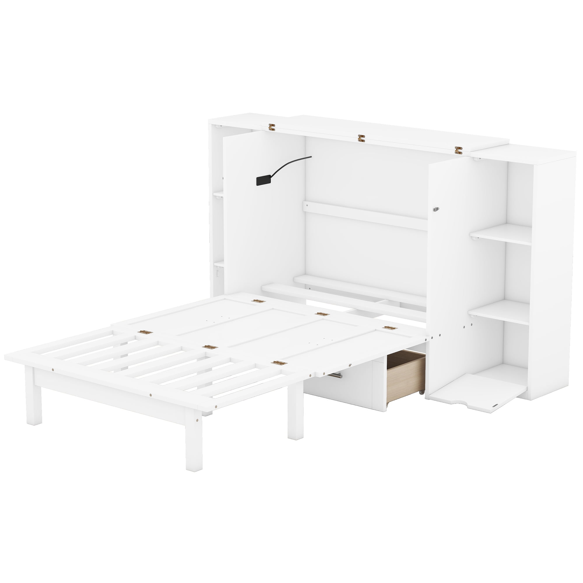Mintazer Queen Size Murphy Bed with Side Shelves & USB Ports, Modern Foldable Wall Bed with Drawers for Bedroom Apartment Guest Room, White