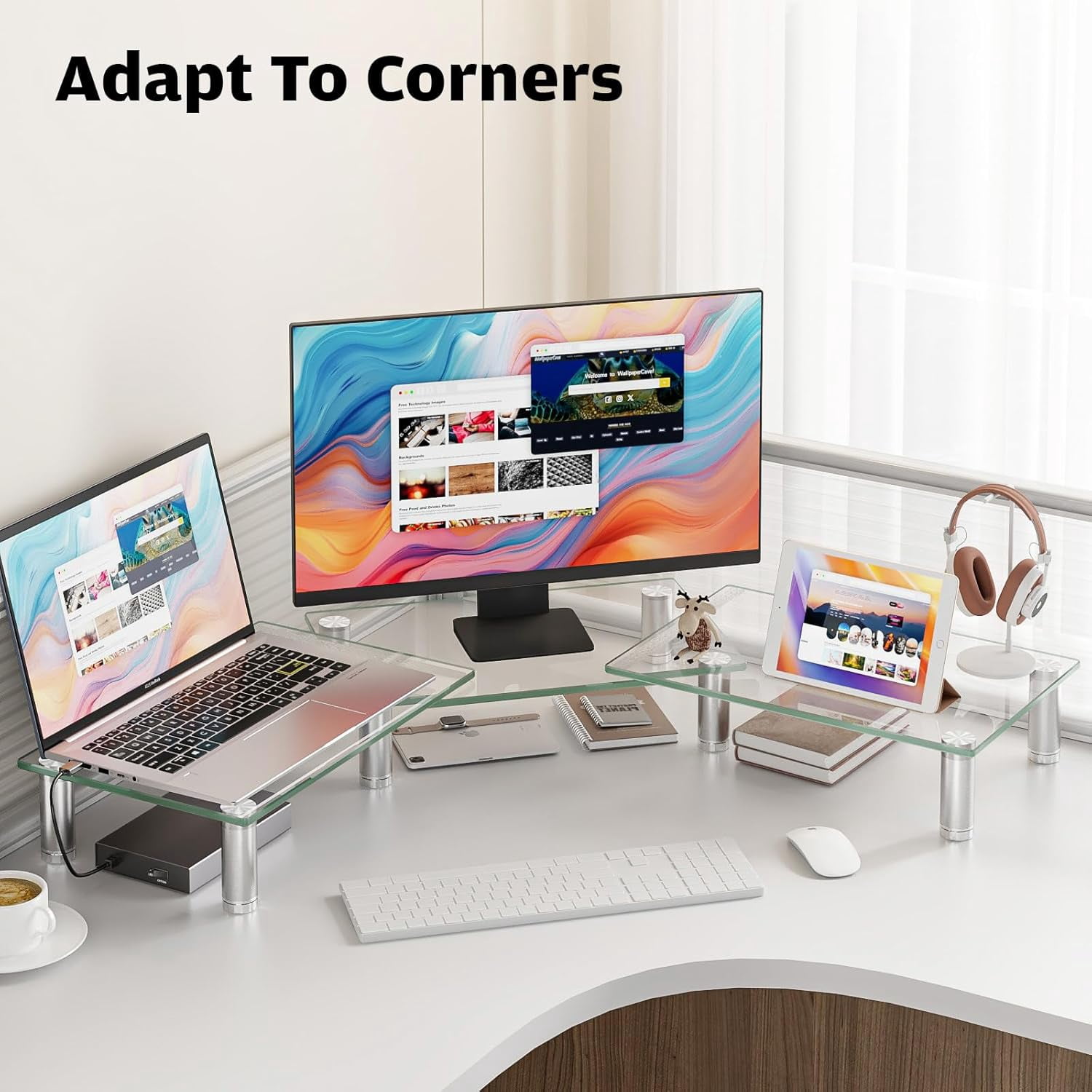 Adjustable Length and Angle Dual Monitor Riser Desktop Organizer for Computer and Laptop in Clear
