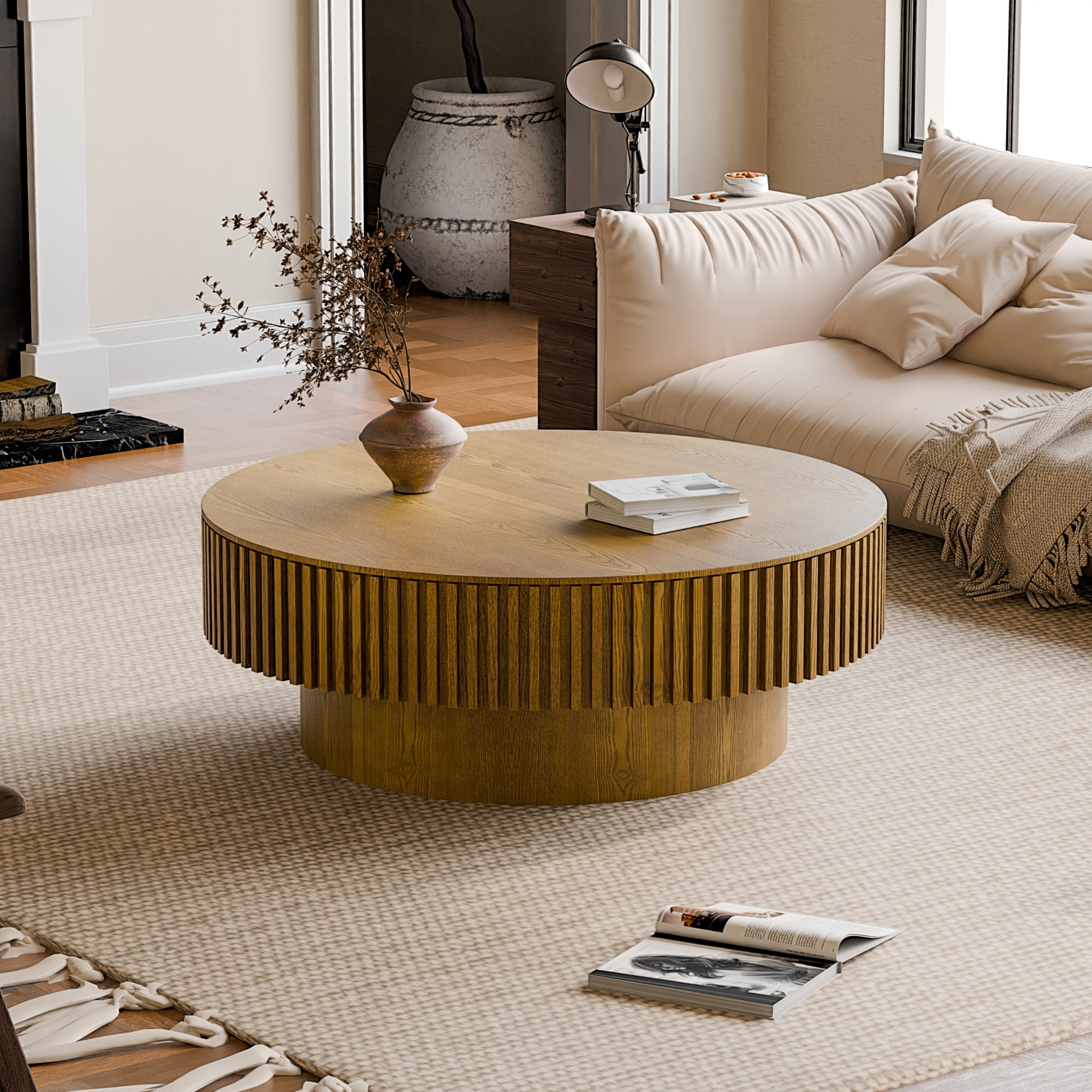 Round Coffee Table with Storage, Mid-Century Modern Solid Wood Center Table for Living Room, 39.37'' Large Circle Wooden Accent Table for Living Room, Bedroom, Apartment or Office
