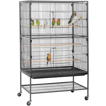 Alden Design Metal 52" Large Rolling Bird Cage with 3 Perches and 4 Feeders, Black
