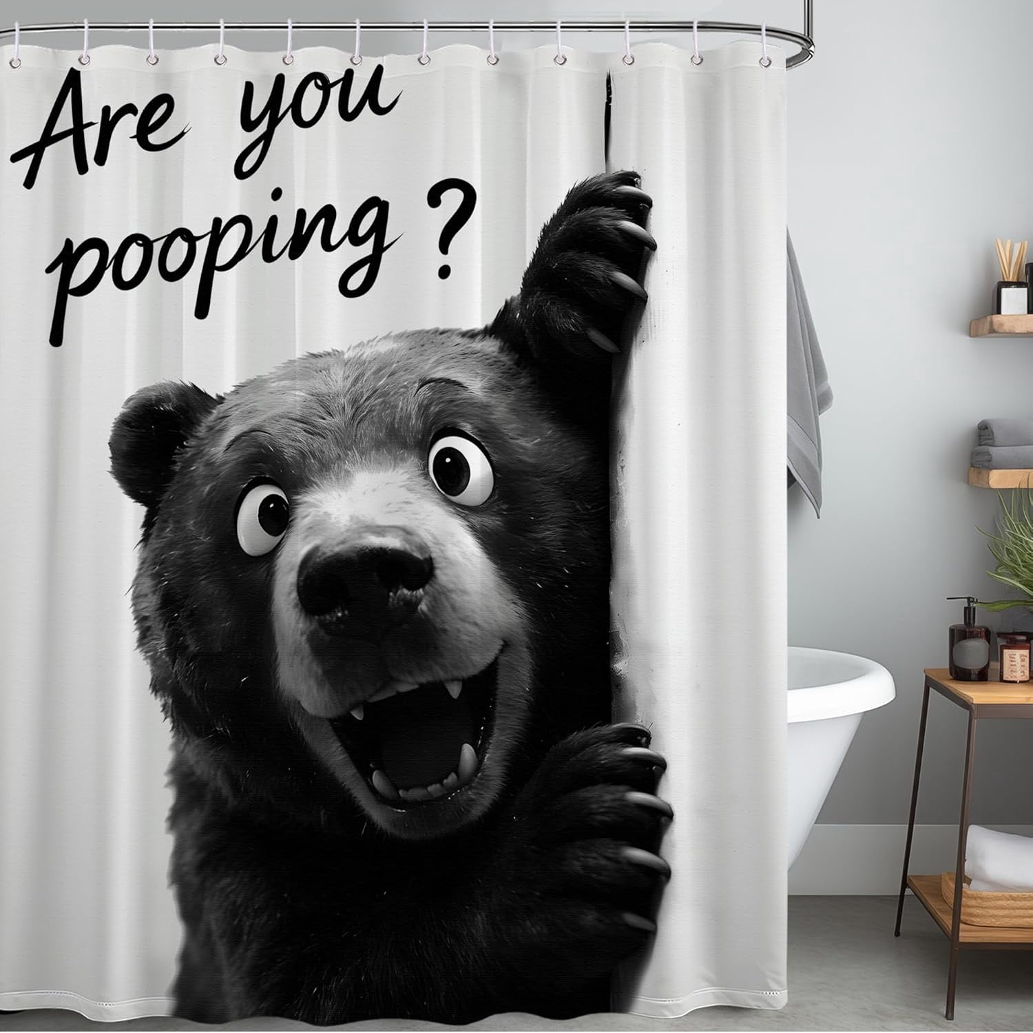 Funny Black Bear Shower Curtain Novelty Animal Safari Wildlife Shower Curtains for Kids Bathroom Decor Sets, Waterproof Cloth Fabric with Hooks, 70x72 Inch