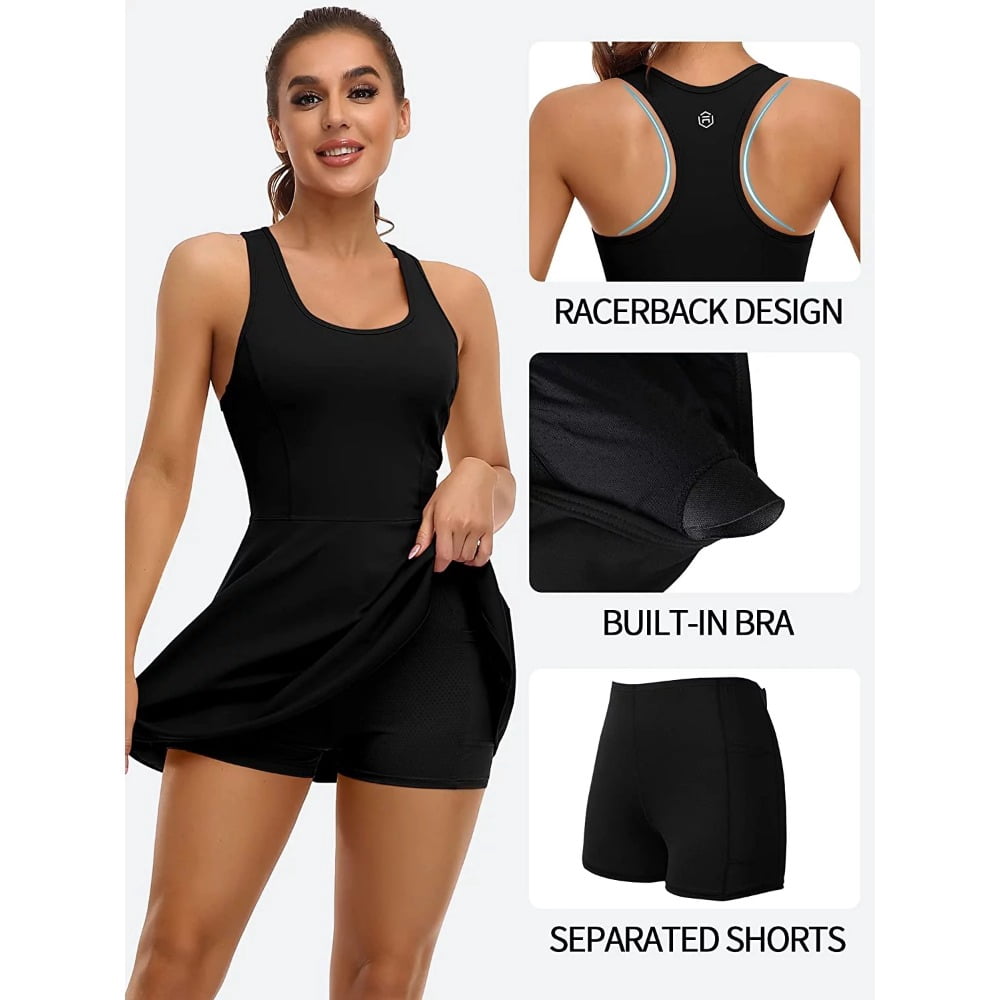 Alove Women Tennis Dress with Built-in Bra and Shorts Pockets Athletic Dress for Exercise Golf Dresses Workout Dress