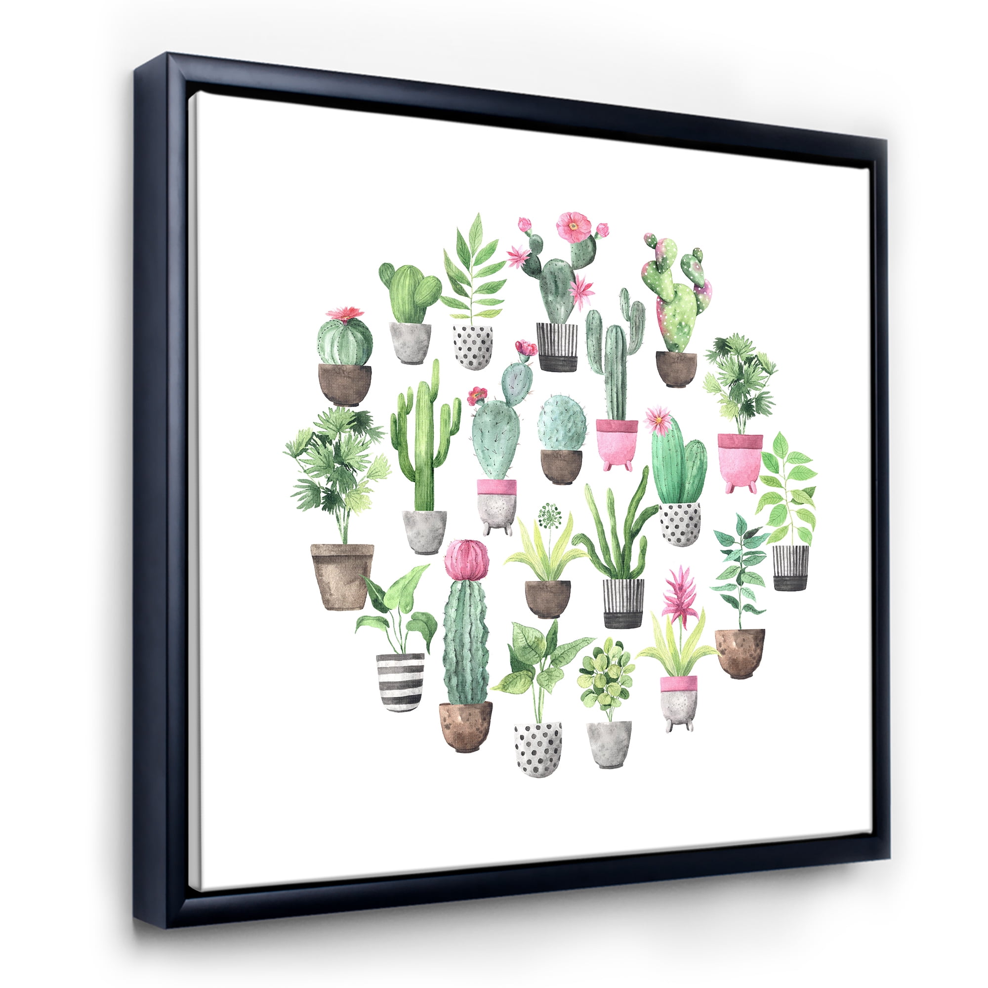 Designart 'Cactus In Ceramic Pots In Gentle Tones II' Traditional Framed Canvas Wall Art Print