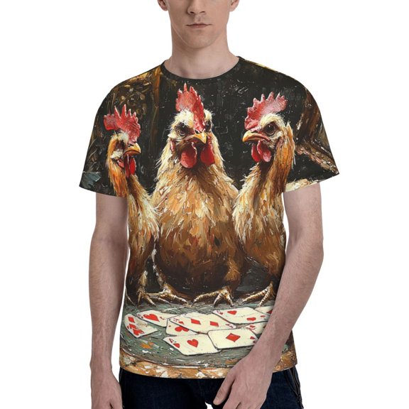 Men's 3D Graphic T-Shirts Short Sleeve Crewneck Tee, Chicken Playing Poker Funny Vintage