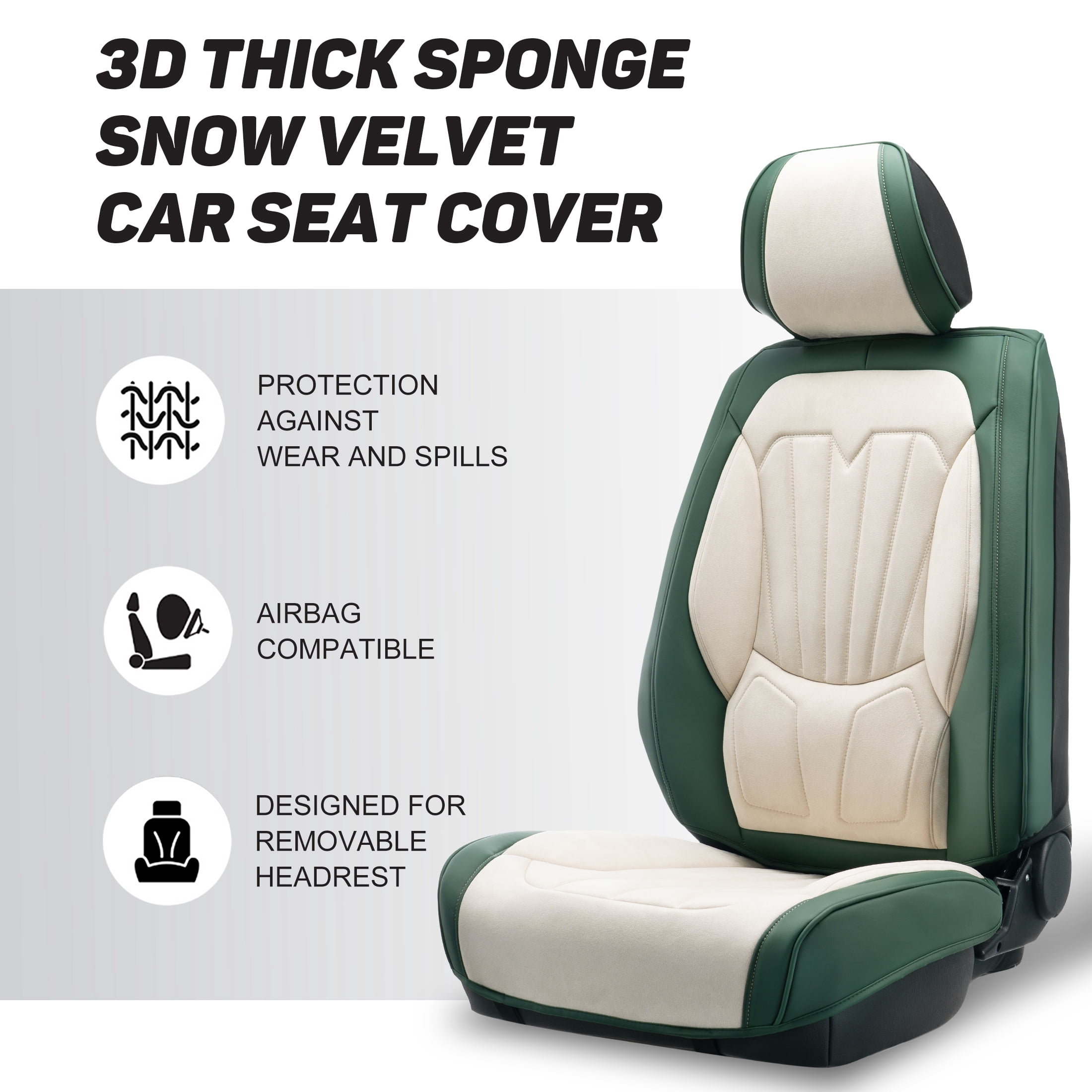 Caromop Universal Car Seat Covers Full Set,3D Foam Support in Velvet & PU Leather,Armrest Compatible for Cars, Trucks, SUVs (Beige/Green)
