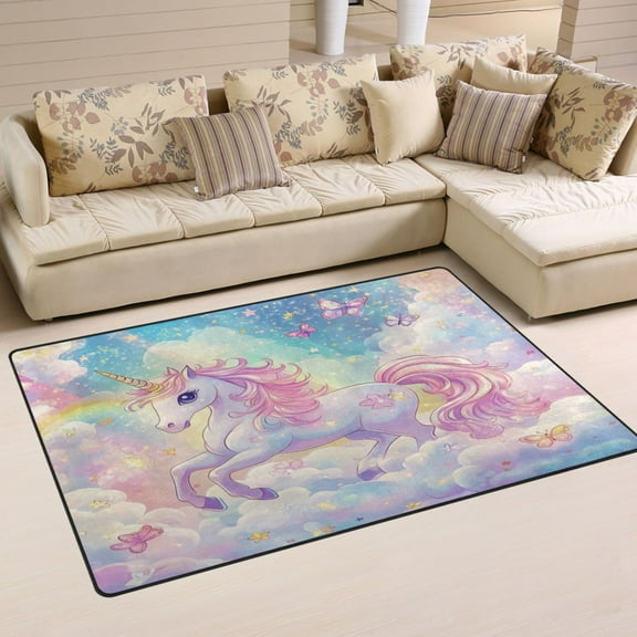 Non-Slip Area Rug 31"x20" Indoor Washable Floor Mats Carpet Printed for Living Room, Bedroom, Home Decor Rainbow Colors Unicorn