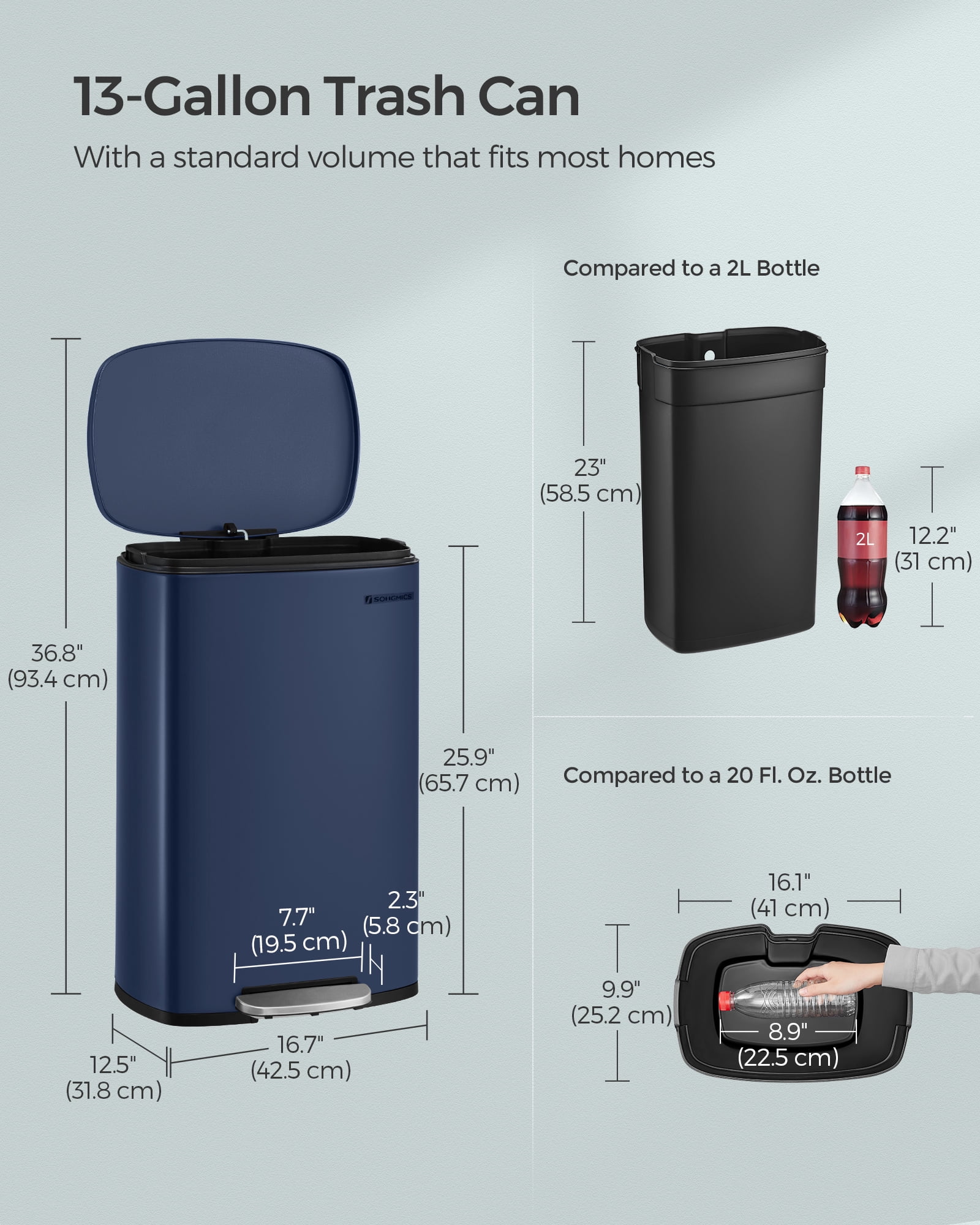 13 Gallon Stainless Steel Trash Can - Step-On Pedal, Soft Close Lid, Kitchen Bin, Removable Bucket, Midnight Blue