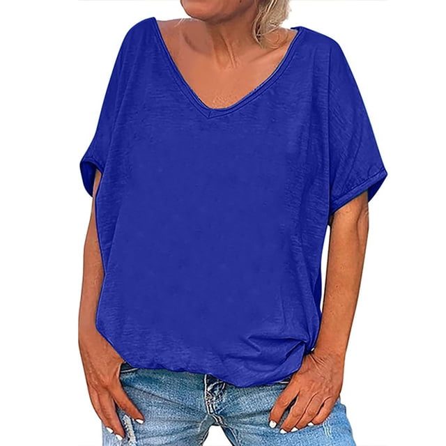 Timegard Womens Tops V Neck Short Sleeve Loose Blouse Summer Solid Color Casual Comfy Tops Basic Tee