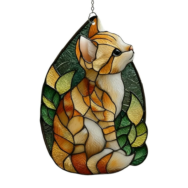 Huanglei Suspension de Fenêtre en Verre Coloré Chat Jardin Dames Acrylique