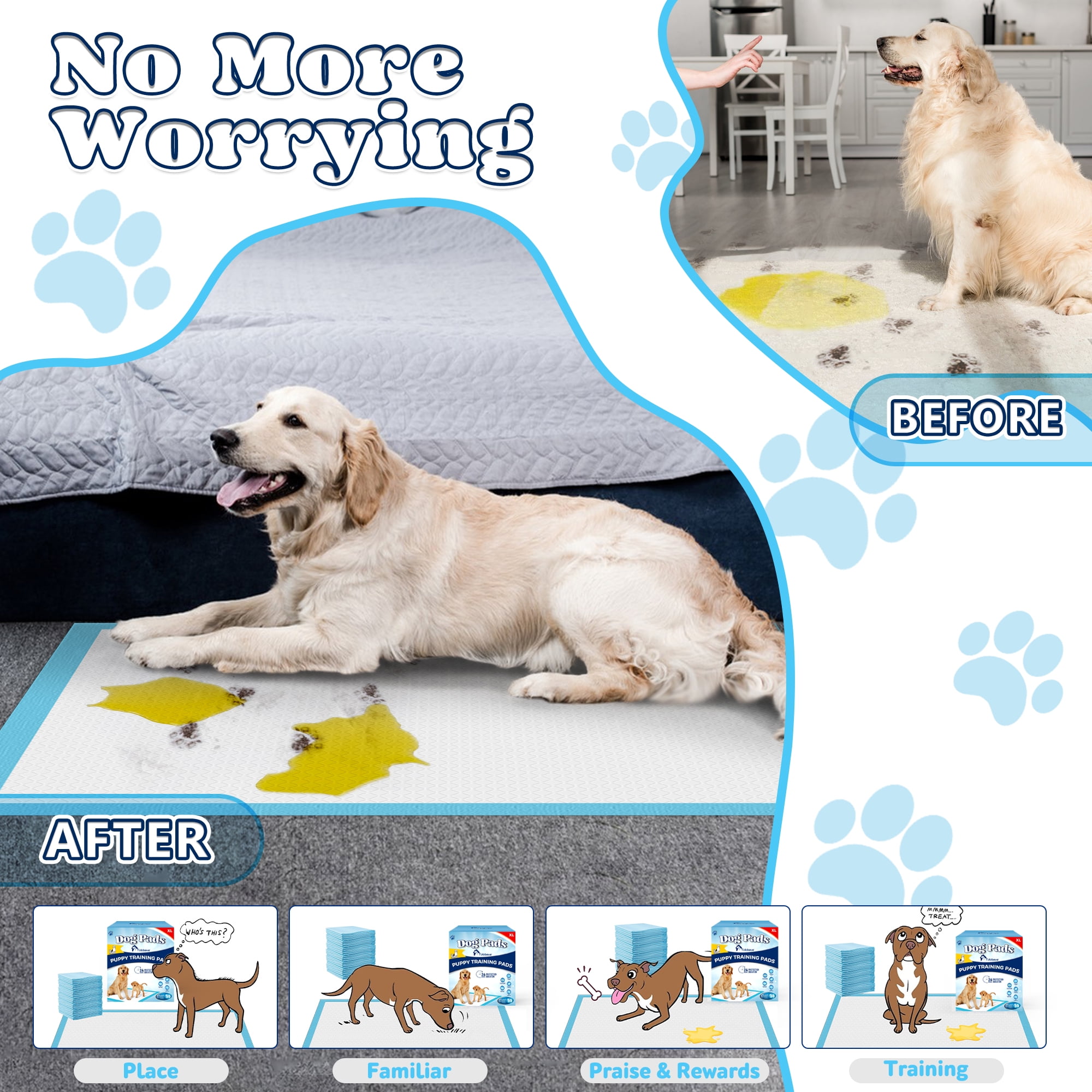 Tolobeve Puppy Dog Absorbent Training Pads, XL, 26 in x 30 in, 55 Count Disposable Pee Pad