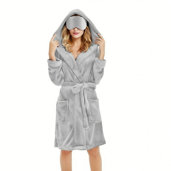 Karight Women Fleece Hooded Robes Winter Midi Plush Long Sleeve Kimono Robe Casual Soft Fuzzy Warm Spa Bathrobe with Pockets