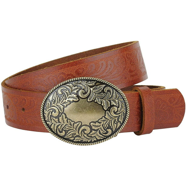 BC Belts - Women's Western Tooled Leather Belt with Round Floral Design ...