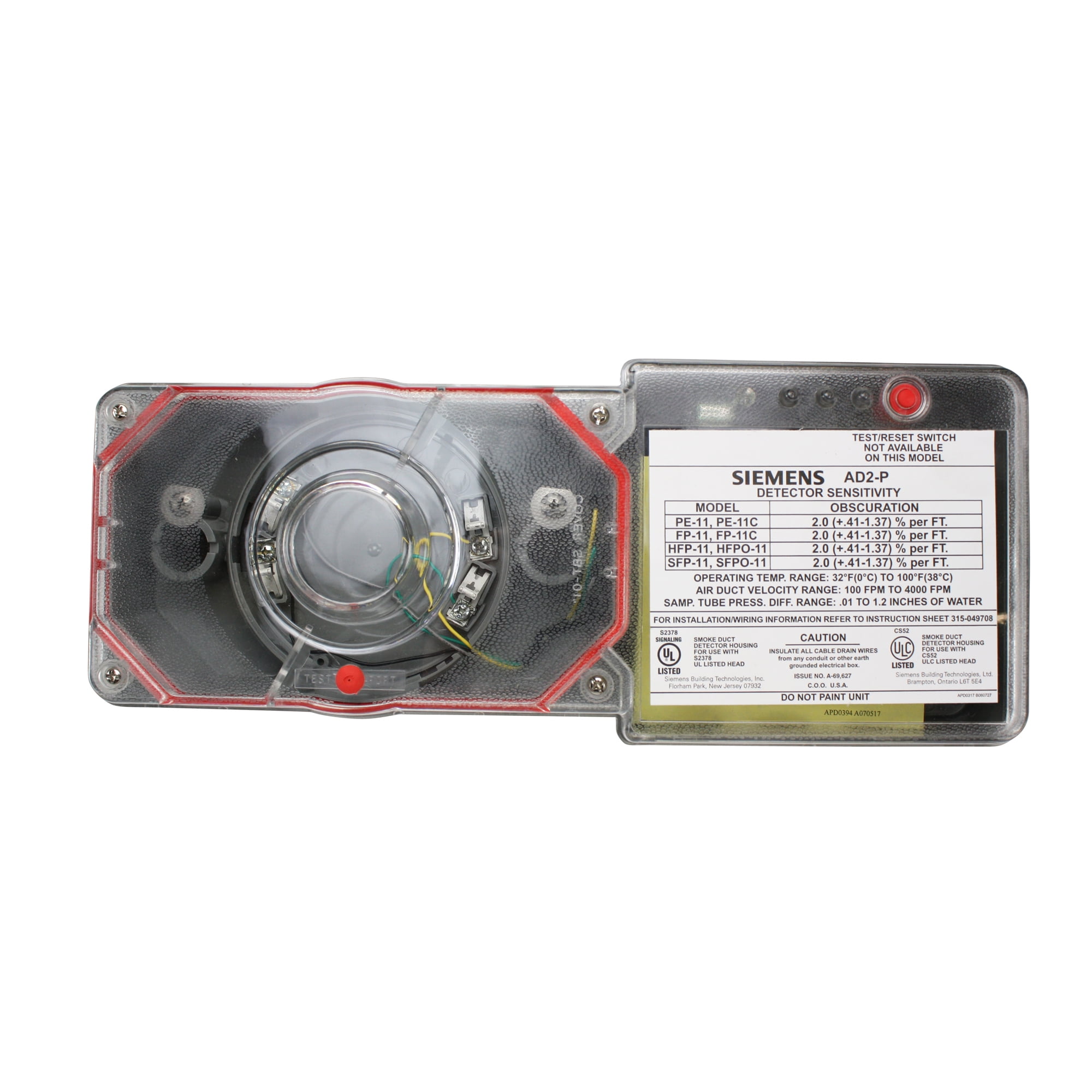 Siemens AD2P 500649706 Fire Alarm Air Duct Housing Smoke Detector