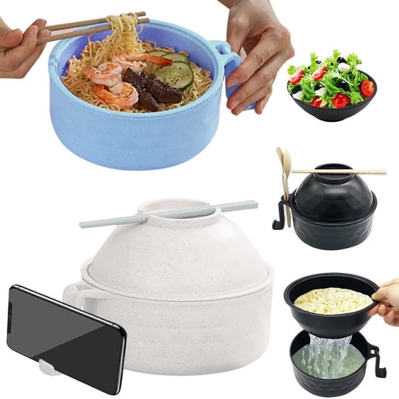 Microwave Ramen Bowl with Strainer, 2026 New Ramen Noodles Bowl Set Chopsticks, Spoon and Fork, Portable Noodle Bowls Microwavable, Cooker Microwave Bowls Lid for Oatmeal,Soup, Rice