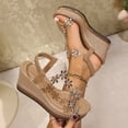 thumbnail image 4 of Glitter Platform Sandals for Women Open Toe Slingback Wedges Heels Floral Rhineston Clear T-Strap Dress Pumps Shoes Khaki Size 9, 4 of 7