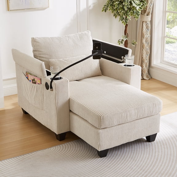 Modern 37.4" Chaise Lounge with Charge Statio, Phone & Cup Holders, Upholstered Sofa Recliner Chair w/Pillow, Side Pockets & Drawers for Living Room Bedroom,Beige
