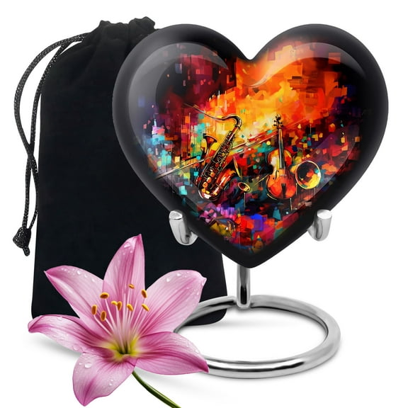 Musical Instrument Heart Shaped Urn For Human Ashes, Memorial Urns For Mother, Funeral Urns For Adult Human Ashes, Burial Urns, Funeral Urns For Women & Men, Large Urn - 8-Inch with Velvet Bag