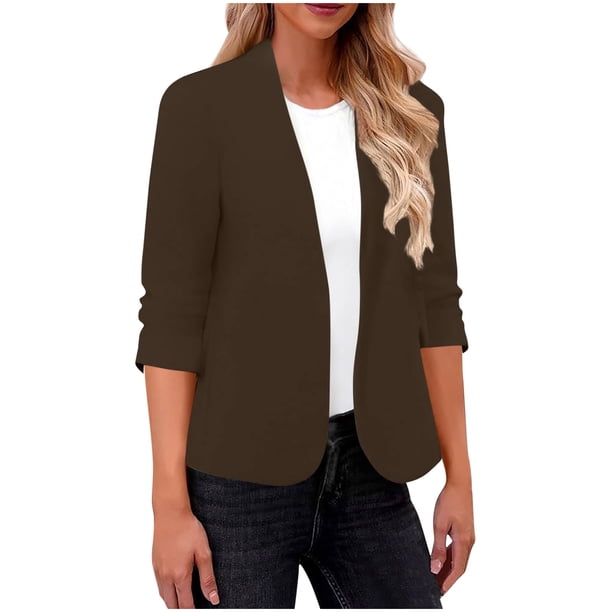 Blazer de moda para mujer, blusas de color liso, manga larga, cuello en V, chaqueta de traje informal, blusa de poliéster para mujer