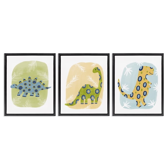 Stupell Industries Three Patterned Dinosaurs Animals Painting Black Floater Framed Canvas Art Print Wall Art, 17 x 21, Set of 3
