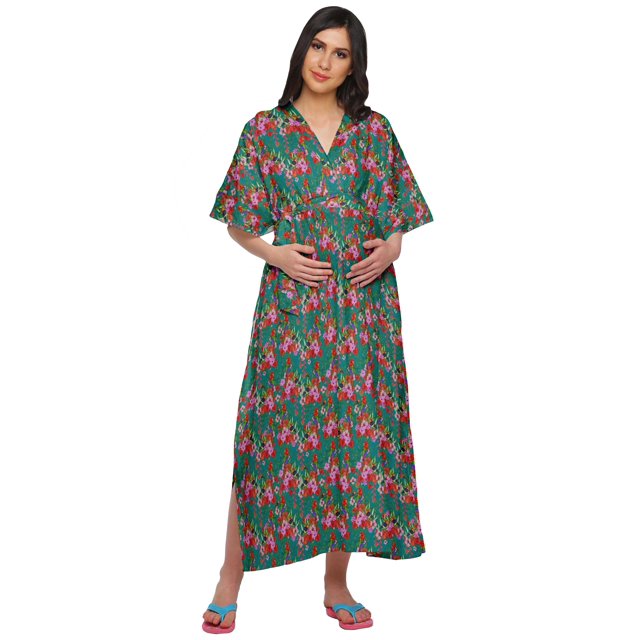 Moomaya Robe Longue Maxi de Maternité Imprimée pour Femmes, Kaftan Boutonné en Coton