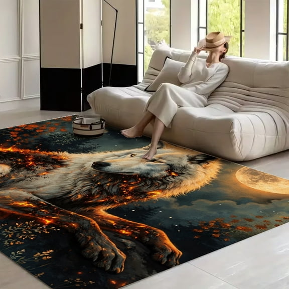 Patifu White Wolf with Flame Markings Under Full Moon soft anti slip carpet Washable Area Rug for Living Room, Non Slip Large Decor Carpet for Bedroom Dining Office