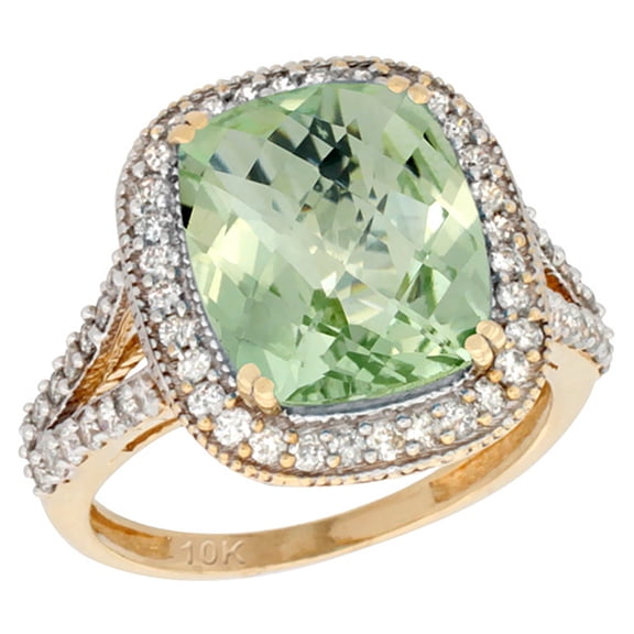 14K Yellow Gold Natural Green Amethyst Ring Cushion-cut 12x10mm Diamond Halo, size 5