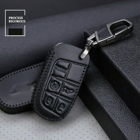 Leather Remote Key Cover Fob Case Chain Holder For Jeep-Cherokee Dodge
