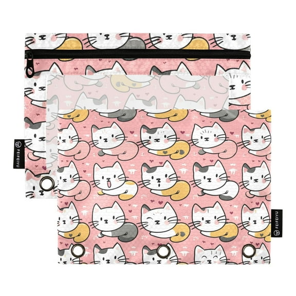 Cute Multiple Cats 2 Pack Pencil Pouch for 3 Ring Binder Smooth Zipper Folders with Pockets Clear Window Pencil Case