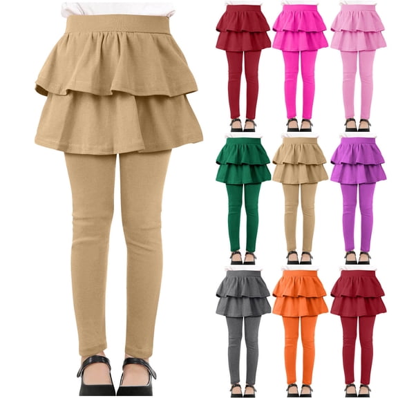 Hzzrkos Girls Tiered Skirt Leggings Casual Stretch Skorts Pants Elastic Waist Ruffle Layered Skirted Leggings for School Playground Daily Wear Khaki