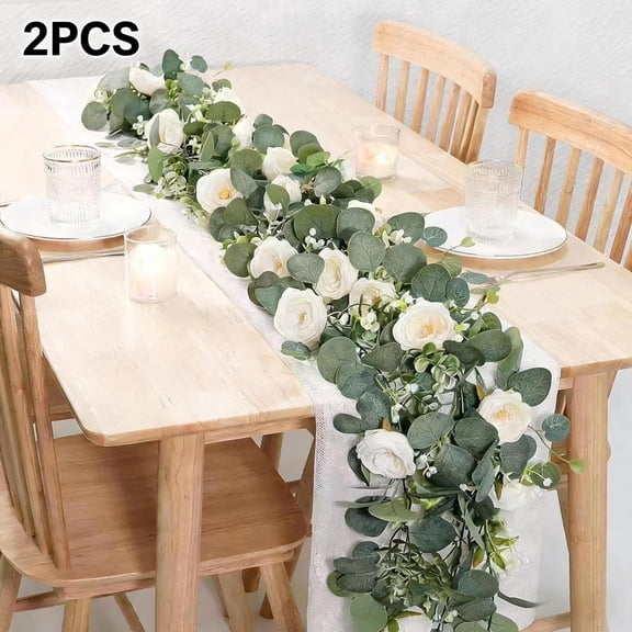2 Pack Artificial Eucalyptus Flower Garland with White Roses, Fake Rose Flower Greenery Garland Floral Vines for Wedding Home Party Table Runner Decor (2PCS, White
