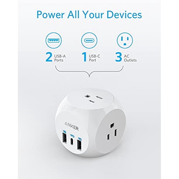Anker Toma de CA y Enchufe de Pared USB, PowerExtend USB-C 3 Cube con 3 Tomacorrientes y 30W USB C, Entrega de Potencia Carga de Alta Velocidad para iPhone 12/12 Pro/12 Pro Max, Viaje en Crucero