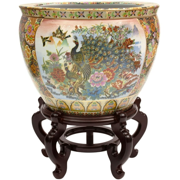 Red Lantern Large 18" Satsuma Garden & Peacock Porcelain Fishbowl Planter