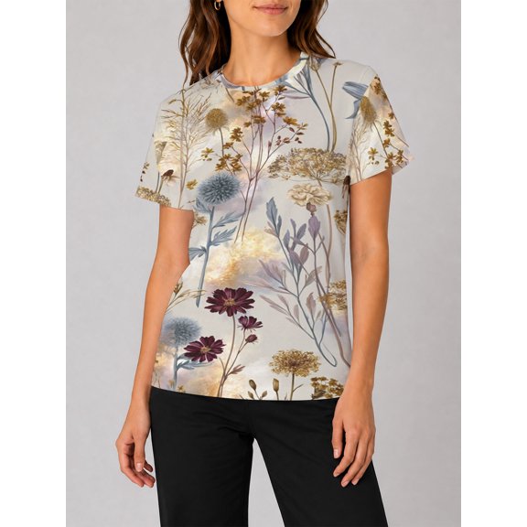 Women's All-Over Print Tee Shirts Short Sleeve Casual Vintage Dried Wildflower Graphic Crewneck Summer Tops