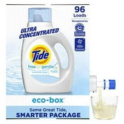 Tide Free and Gentle Eco-Box Liquid Laundry Detergent Soap, Ultra Concentrated HE, 96 Loads - Unscented and Hypoallergenic for Sensitive Skin, Free and Clear of Dyes and Perfumes