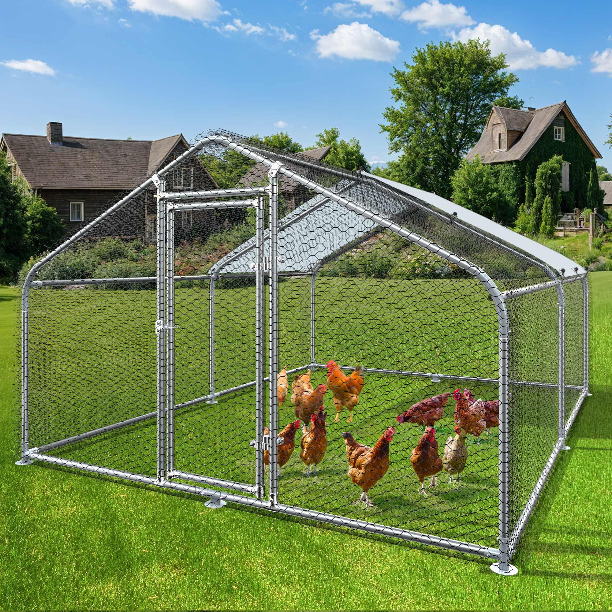 Uforic Chicken Run Coop 12.7 x 9.8 x 6.4 FT Large Metal Chicken Coop, Walk-in Hen Cage, Outdoor Poultry Cage with Waterproof Cover and Wire Mesh for Backyard,Outdoor Farm Use