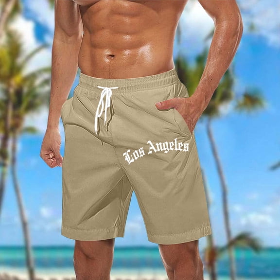 BRGZLK Men's Classic Shorts Summer Daily Casual Letter Print Elastic Waist Drawstring Lightweight Cozy Beach Shorts with Pockts Khaki 5XL
