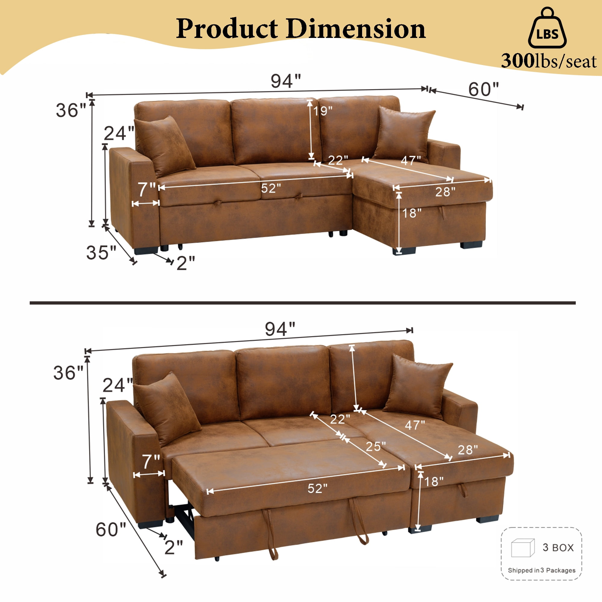 Howcool 94" Upholstered Sectional Sofa with Pull-Out Bed and Storage Chaise,Textured Fabric Sleeper Couch with USB Charger & Cup Holders for Living Room,Brown