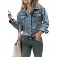 thumbnail image 2 of Breezora Women's Distressed Denim Jacket with Beaded Details Short Casual Top for Everyday Wear L Size Blue, 2 of 8