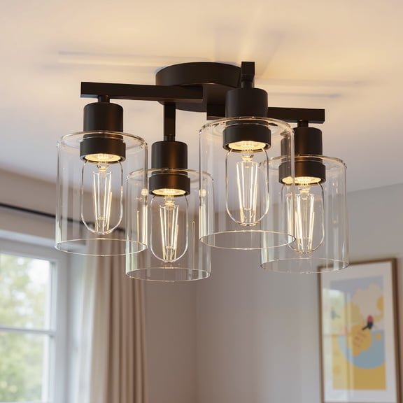 YANSUN 13 in 4-Light Black Semi Flush Mount Ceiling Light, Clear Glass Shade Kitchen Lighting for Bedroom, Hallway, Foyer, Dining Room, living Room