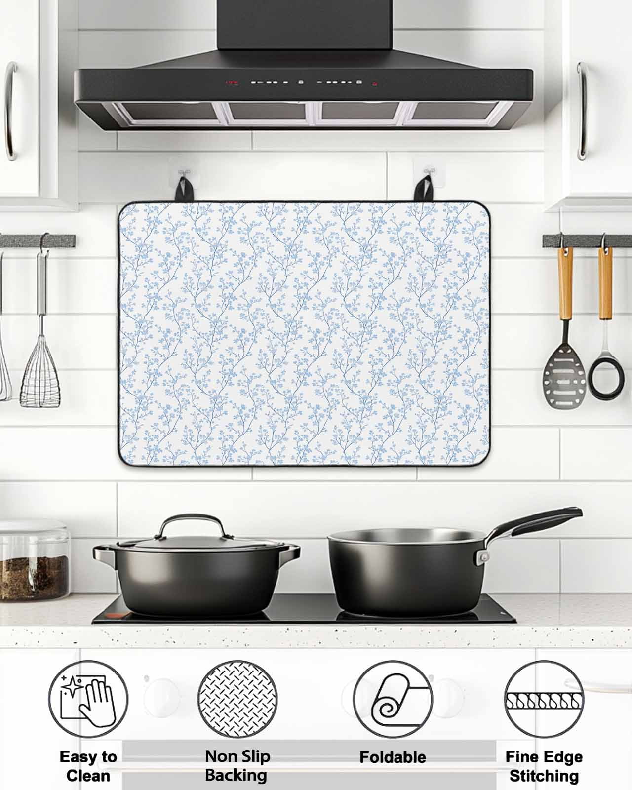 Stove Top Covers for Electric Stove, Blue Spring Floral Glass Stovetop Cover Protector, Summer Botanical Watercolor Induction Cooktop Protector Oven Mat for Kitchen Countertop 24"x21"
