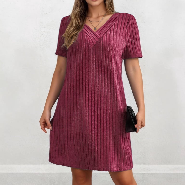 Ihhxva Knit Dress for Women Short Sleeve Ribbed Solid Color Stretchable V-Neck Summer Loose Fit Mini Length Shift Sundress Beach Vacation Casual 