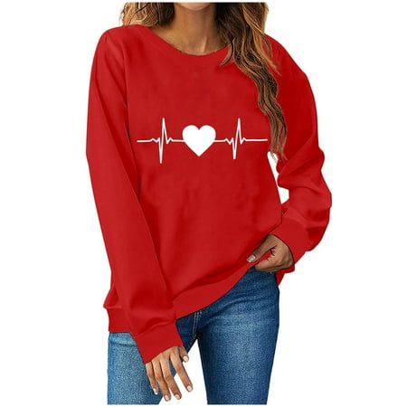 

Womens Long Sleeves Sweatshirts Valentine s Day Fashion Love Printing Solid Pullover Casual Loose Round Neck Ladies Tunics Sweatshirt Top