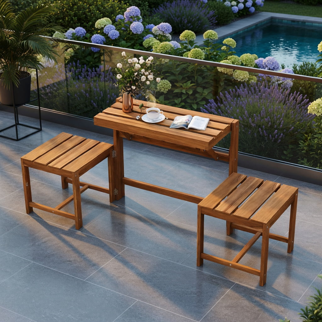Hommoo 3-in-1 Outdoor Acacia Wood Loveseat Bench, Convertible Table & Chairs Set or Plant Stand, Wooden Garden Seating for Patio, Deck, Backyard, Natural