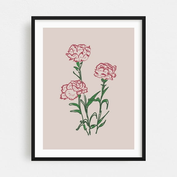 Carnations Flowers - Illustration Floral Flowers Botanical Minimalist Sketch Pastel Black Framed Wall Art Print 11 x 14 inches
