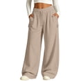 thumbnail image 3 of Womens Wide Leg Sweatpants, Mid Rise Elastic Drawstring Waist Loose Lounge Pants with Pockets, Active Fitness Sports Jogging Daily Wear | VerBelle,Beige L, 3 of 9
